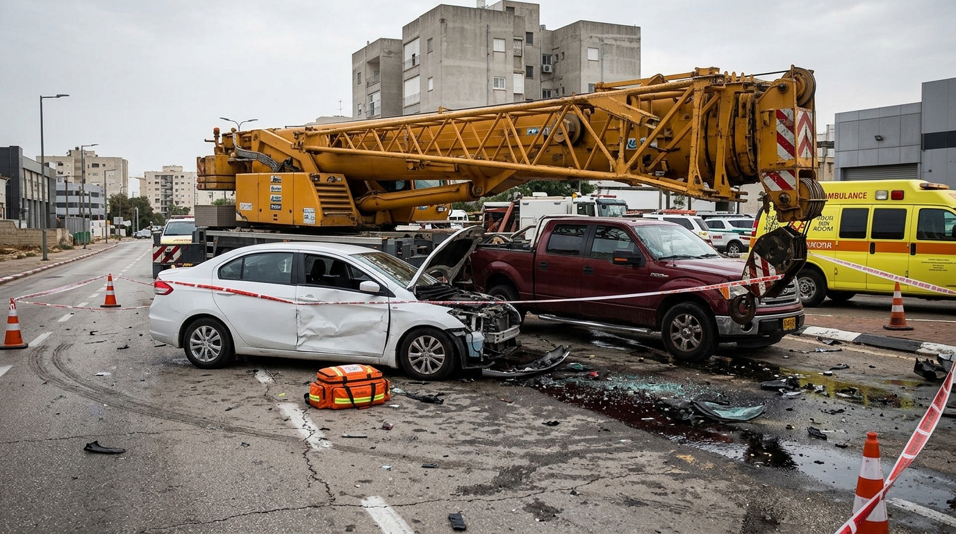 רכב התנגש במנוף בפתח תקווה, פועל נפל וניפצע קשה