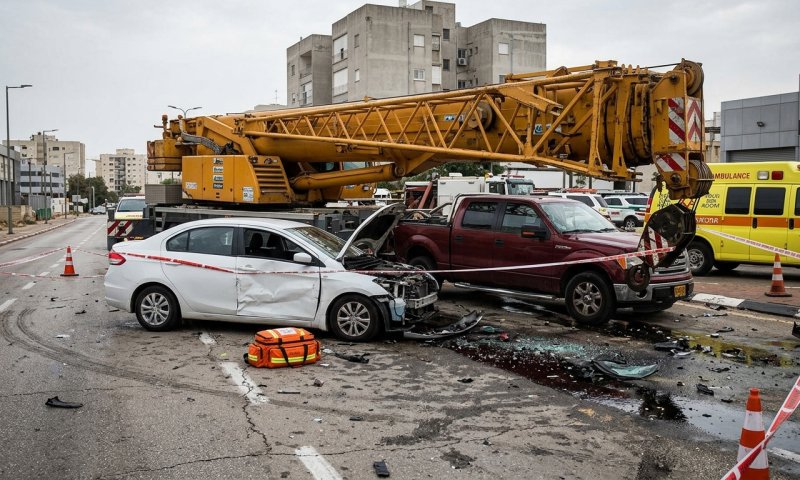רכב התנגש במנוף בפתח תקווה, פועל נפל וניפצע קשה