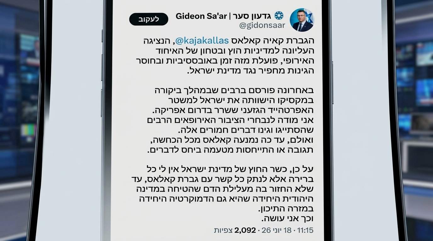 סער מנתק קשרים עם שרת החוץ של האיחוד האירופי שהשוותה ישראל לאפרטהייד
