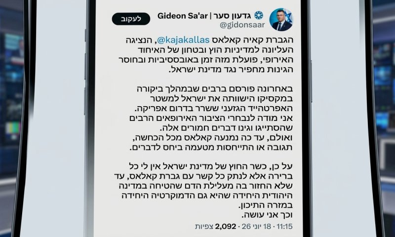 סער מנתק קשרים עם שרת החוץ של האיחוד האירופי שהשוותה ישראל לאפרטהייד