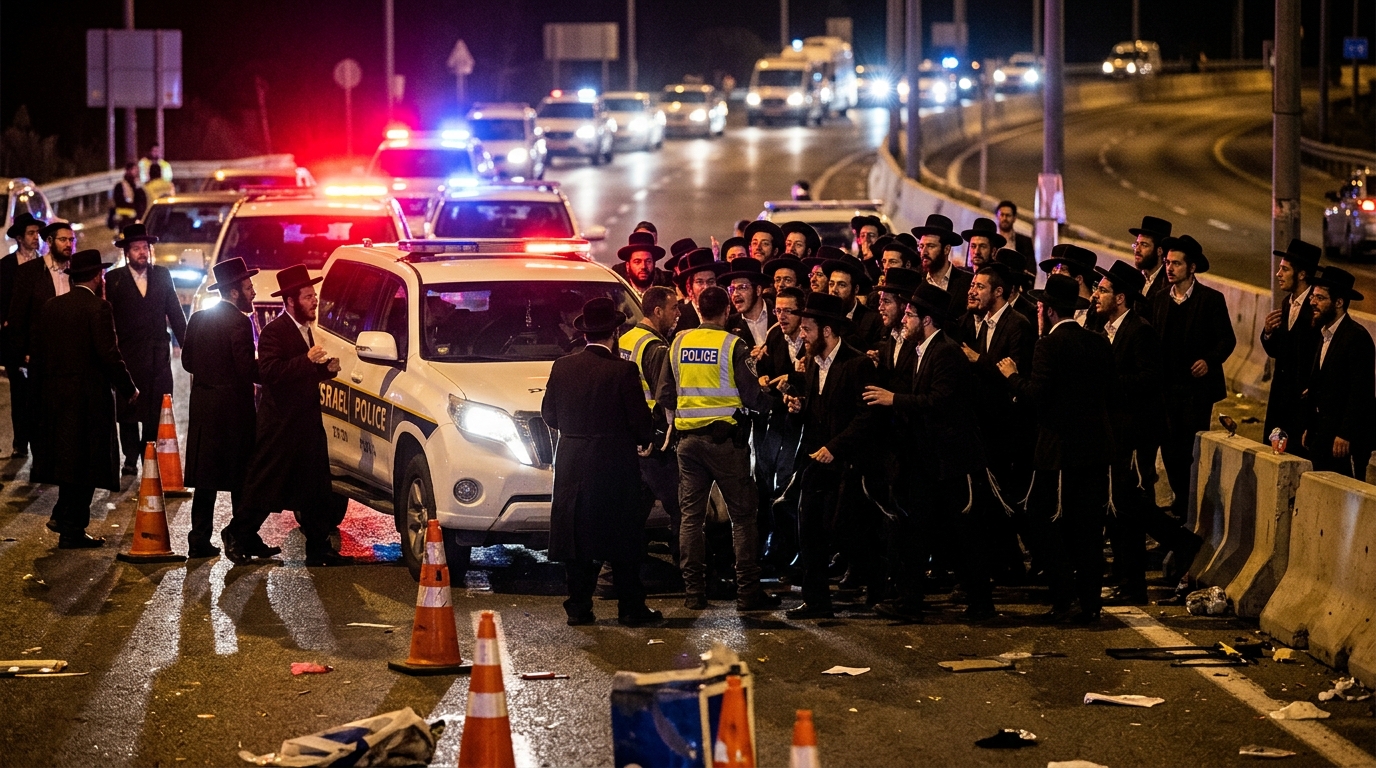 מאות חרדים תקפו שוטרים במחסום מכבים על רקע מידע שקרי