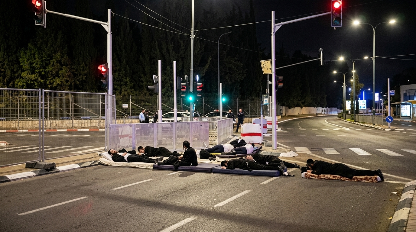 חרדים מפגינים חוסמים כבישים ליד לשכת הגיוס בתל השומר