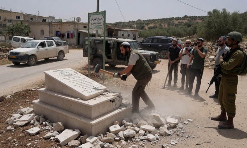 צבי סוכות ניפץ אנדרטה בכפר פלסטיני בליווי צה"ל