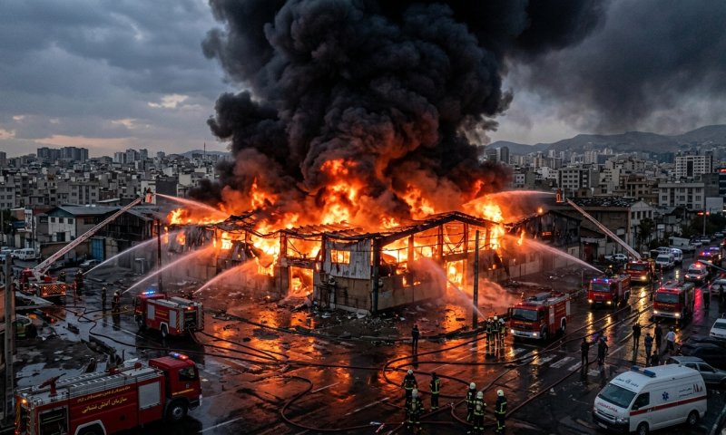 שריפה גדולה במחסן בטהראן: כבאים נאבקים בלהבות