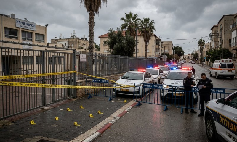 מאבטח ביפיע נאשם בקרב יריות בכניסה לבית ספר