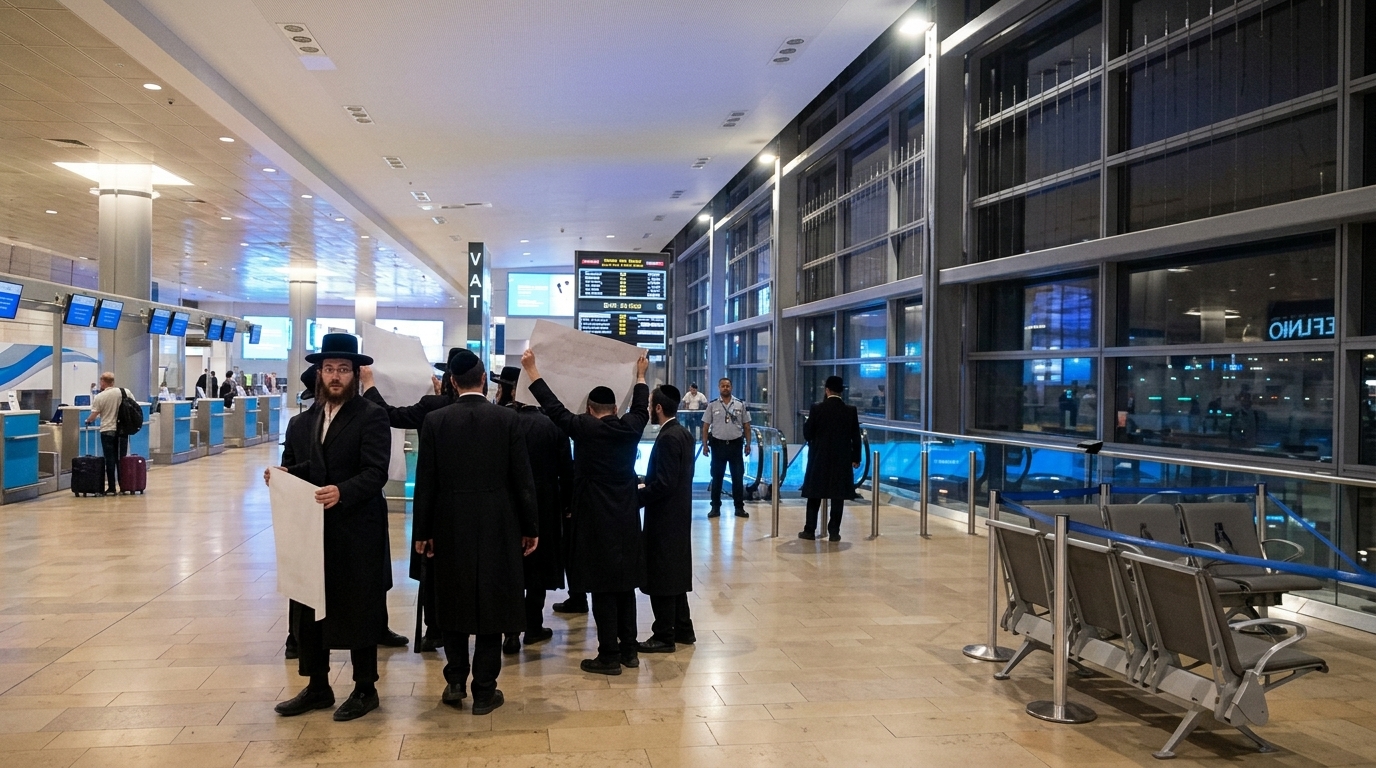 חסידי ברסלב מפגינים בנמל התעופה בן גוריון
