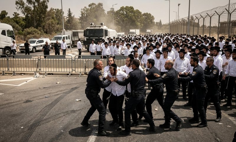 חרדים חסמו את צומת גילת: שוטרים גררו מפגינים מהכביש