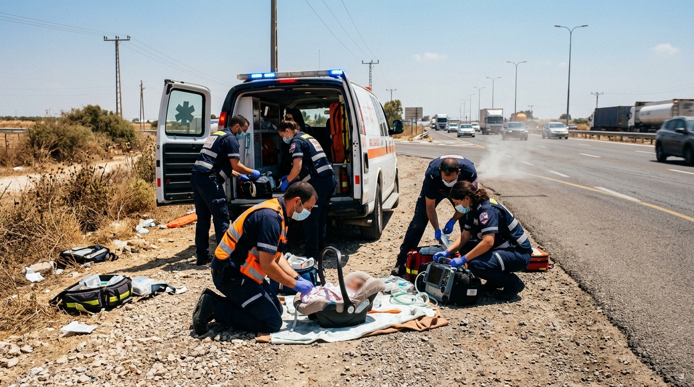 תינוק בן 8 חודשים פונה במצב בינוני עם סימני מכת חום