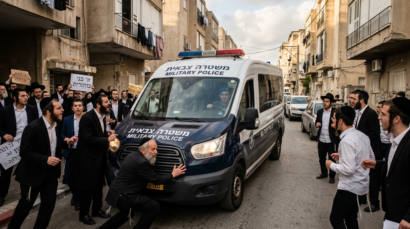 מפגינים חרדים הקיפו ניידת של המשטרה הצבאית בבני ברק